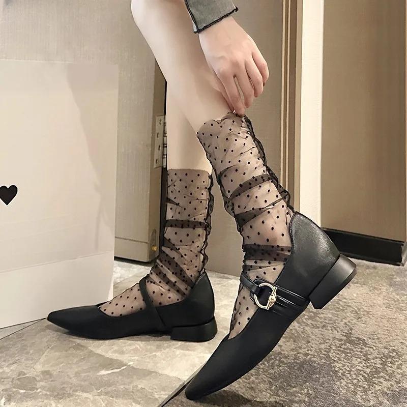Sexy Transparent Polka Dot Lace Socks Women Thin Silk Sheer Stacked Socks Summer Chic French Style Elegant Femme JK Lolita Socks