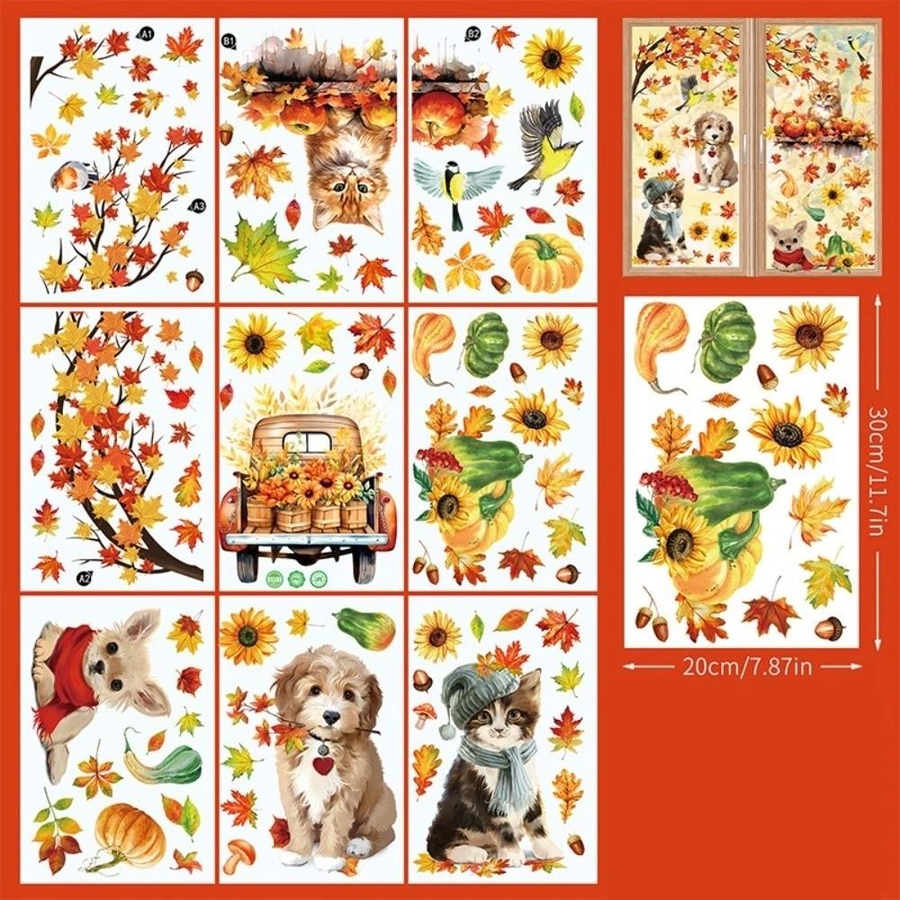 9pcs/pack Thanksgiving Window Stickers Fall Harvest Them PVC Autumn Window Clings Turkey Pattern DIY Maple Leaf Window Stickers