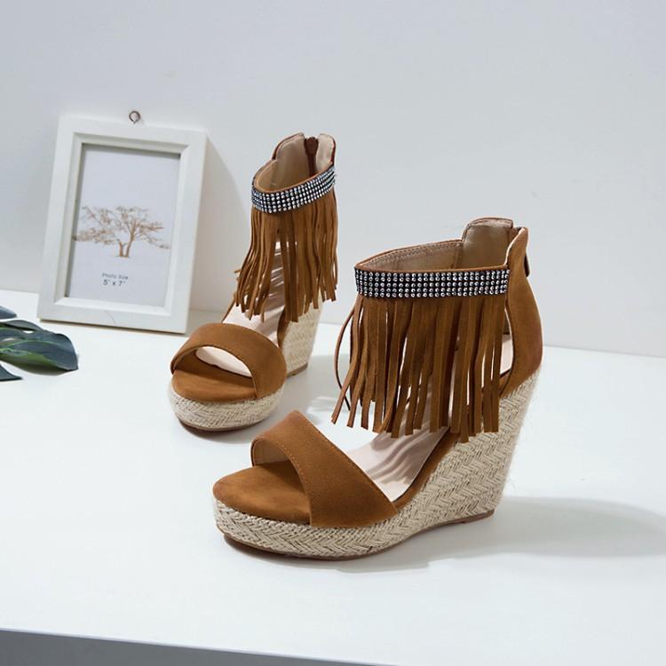 

European and American foreign trade sexy rhinestone fringed fashion slope heel sandals women s thin heel hollow Roman shoes large size women s shoes 39 жёлтый