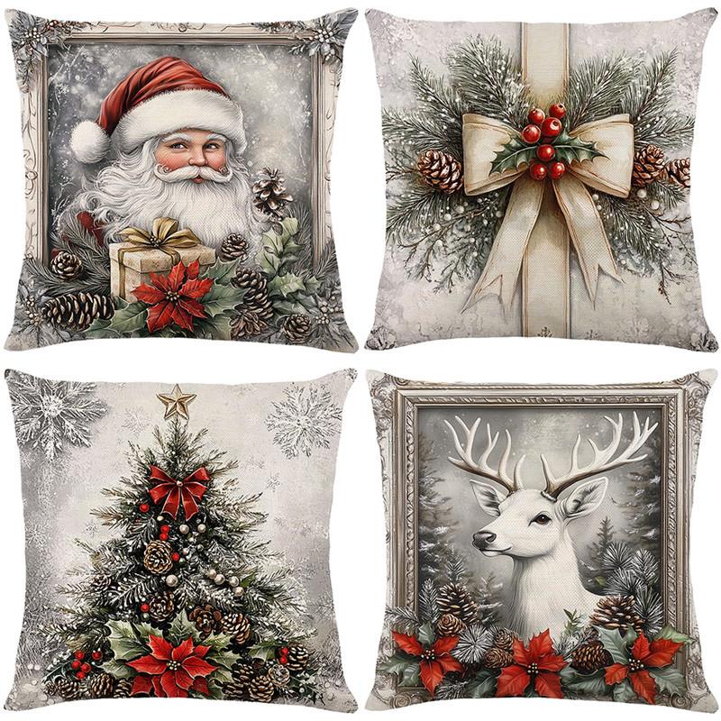 Retro Christmas Photo Frame Pillow Cover Elk Golden Bell Home Sofa Decoration Cushion Cover Bedside Cushion