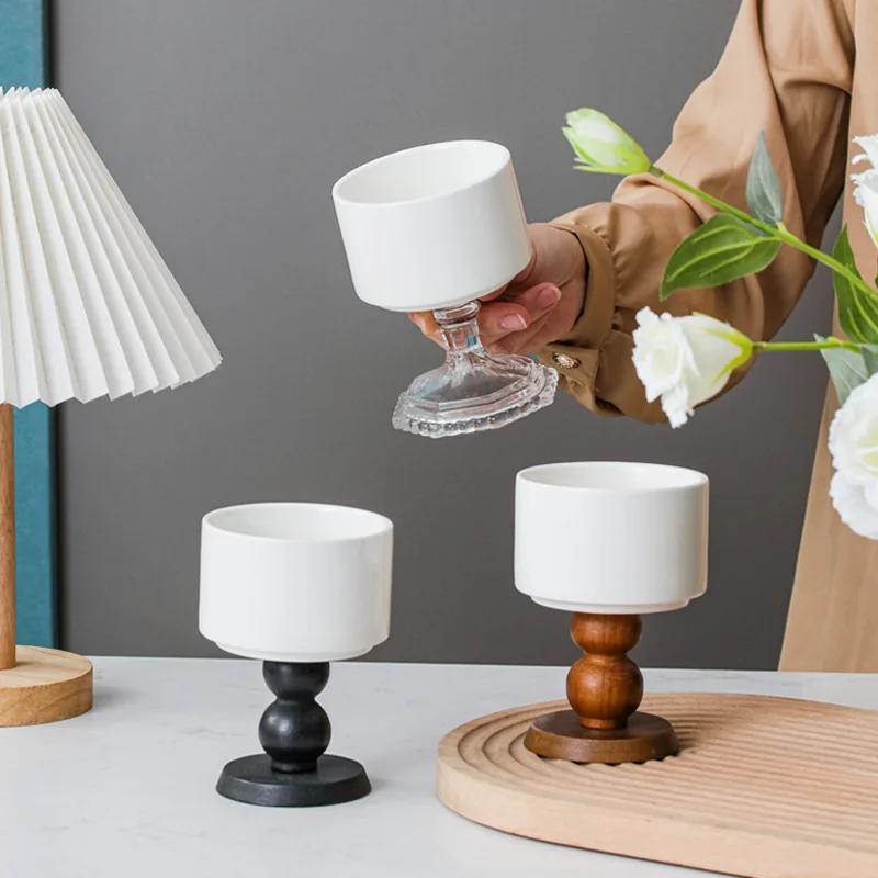 French Vintage Dessert Ice Cream Ceramic Goblet High-legged Retro Wooden Handle Tea Fruit Saucer Pudding Cup Candle Holder