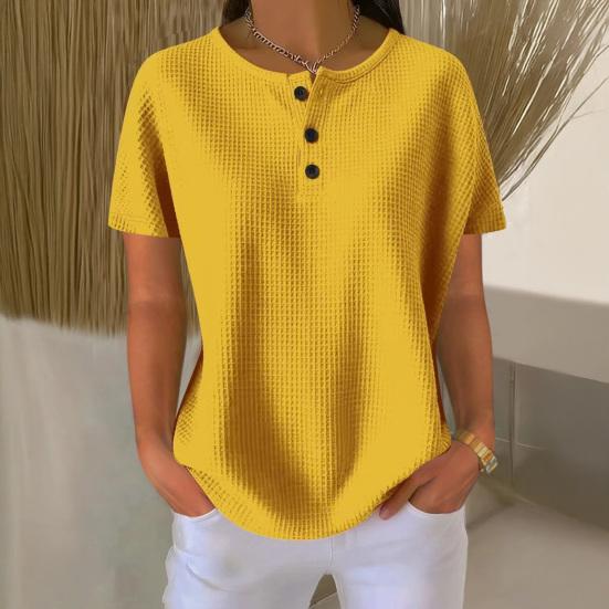 Dámské topy Kulatý výstřih Knoflíky Poloviční léga Krátké rukávy Ležérní topy Jednobarevné Volný střih Vaflová textura Letní tričko