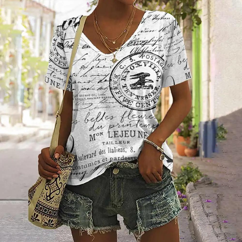 Personalized Retro Women Clothing 3D V-neck Short-sleeved Old Newspaper Print Summer Women Clothing T-shirt Street Harajuku Top