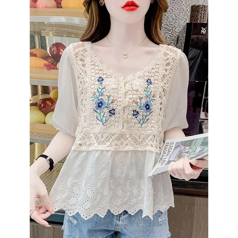 Women Floral Embroidery Crochet Blouse V Neck Puff Sleeve Button Down Casual Top