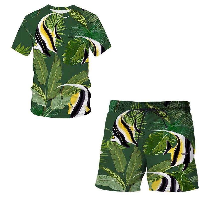 Herren-Sportanzug, T-Shirt + Shorts, Trainingskleidung, 2-teiliges Set, kurzärmelige Sportbekleidung mit Cartoon-Tier-3D-Leopardendruck