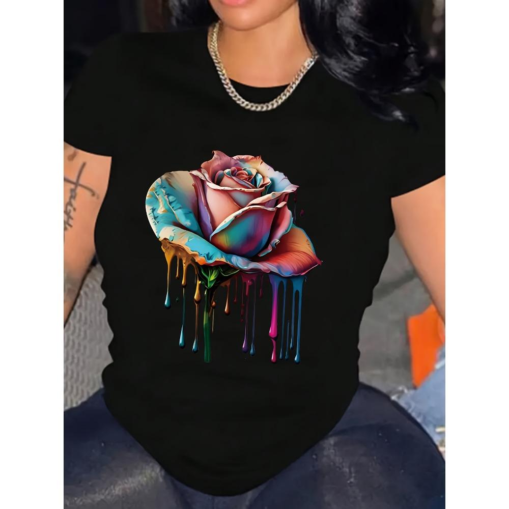 Colorful Drip Rose Women's Tee - Vibrant Artistic Floral Graphic, Stylish Print for Casual Daily Wear