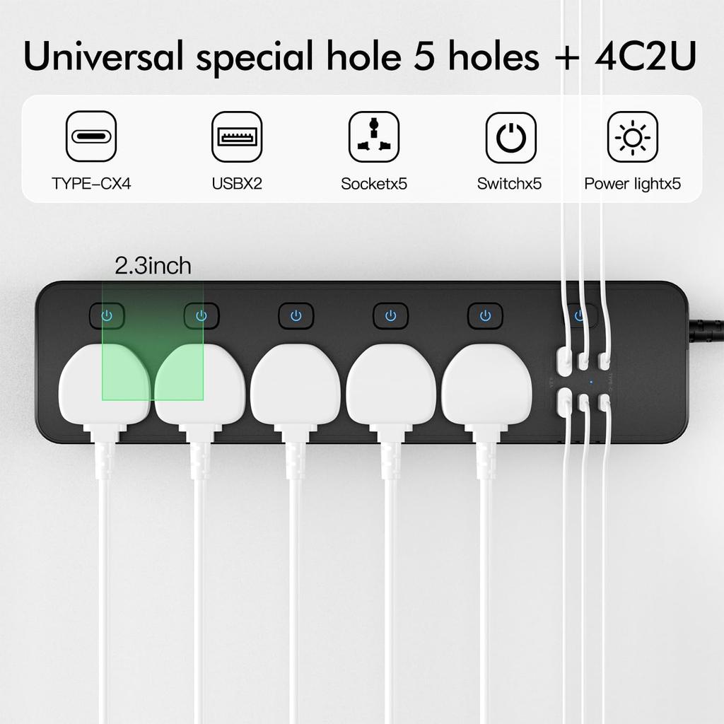 Universal Power Strip with USB Ports, Individual Swtich, 6ft Power Cord, 5 Universal AC Outlets, 4USB C and 2USB (5V/4.2A), Max 3000w, 110-240V,