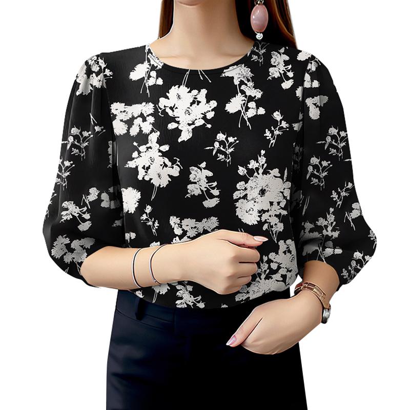 

ZANZEA Женская повседневная блузка с круглым вырезом и рукавом 3/4 с цветочным принтом S чёрный