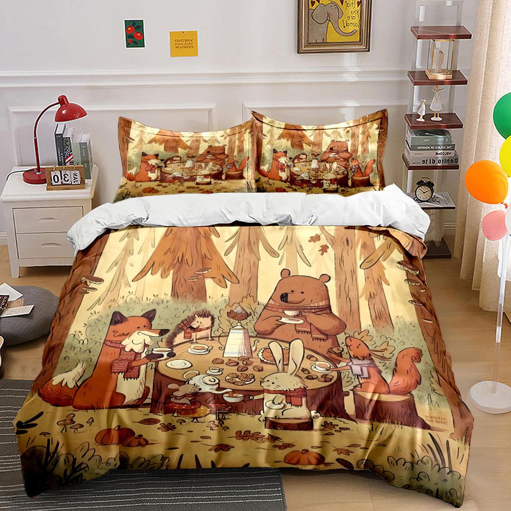 Cozy Woodland Animal Tea Party Printed Duvet Cover Set1 Duvet Cover+2 Pillowcasemulti Size Bedroom Bedding Decor Luxury Gifts