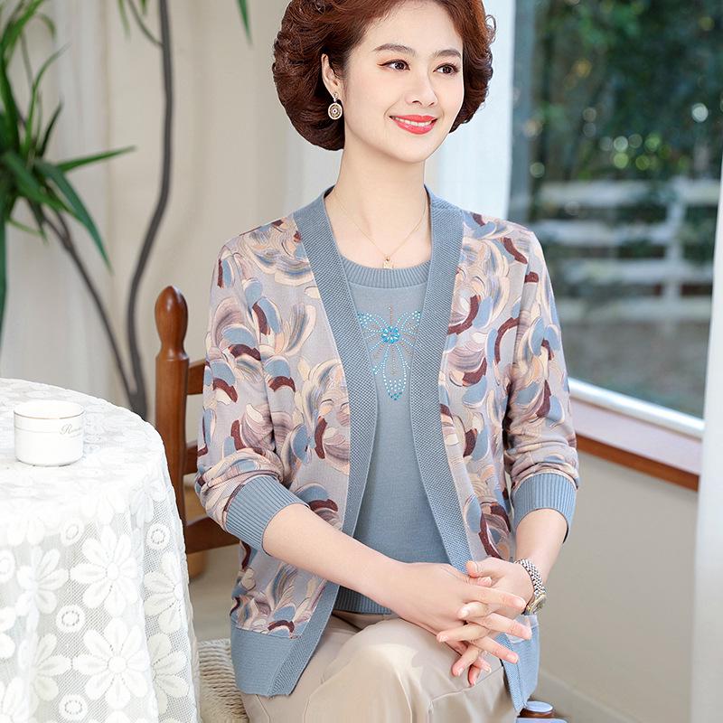 

Spring & Autumn Floral Knit Cardigan Set for Middle-aged & Elderly Women 2XL (recommended 110-120 jin) синий