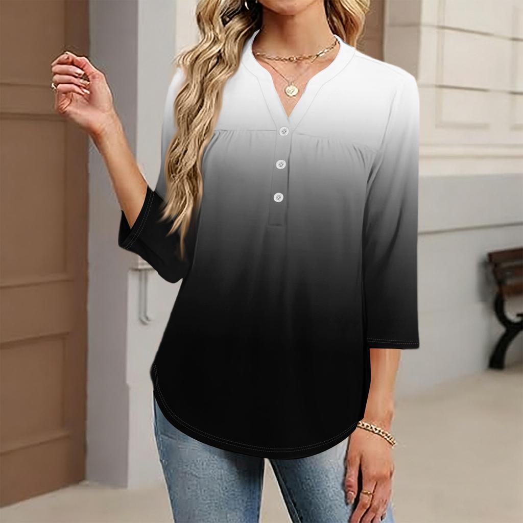 Women's Fashionable Casual Color Block Gradient Print V-Neck Button Three-Quarter Sleeve T-Shirt Top