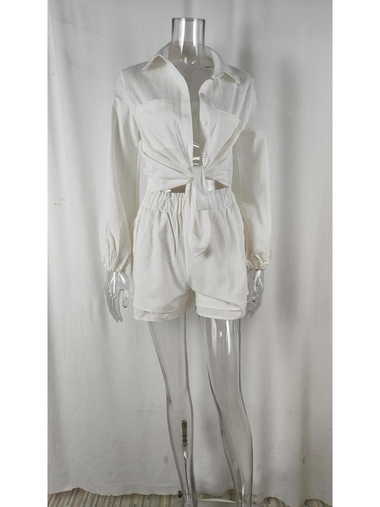 2026 Spring Women's Lace-up Solid Color Casual Top and Shorts Set