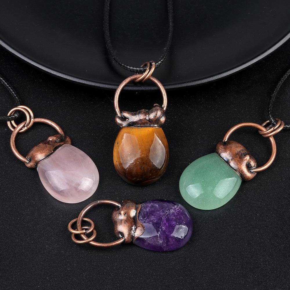 Retro Red Copper Bag Shaped Natural Healing Rose Quartz Stone Pendant for Women Men Jewelry Making