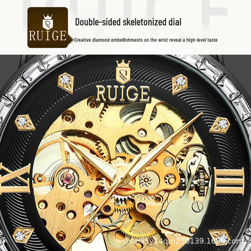 RUIGE Men's Automatic Skeleton Watch, Stainless Steel, Diamond Inlaid, Luminous, Waterproof, Trendy.