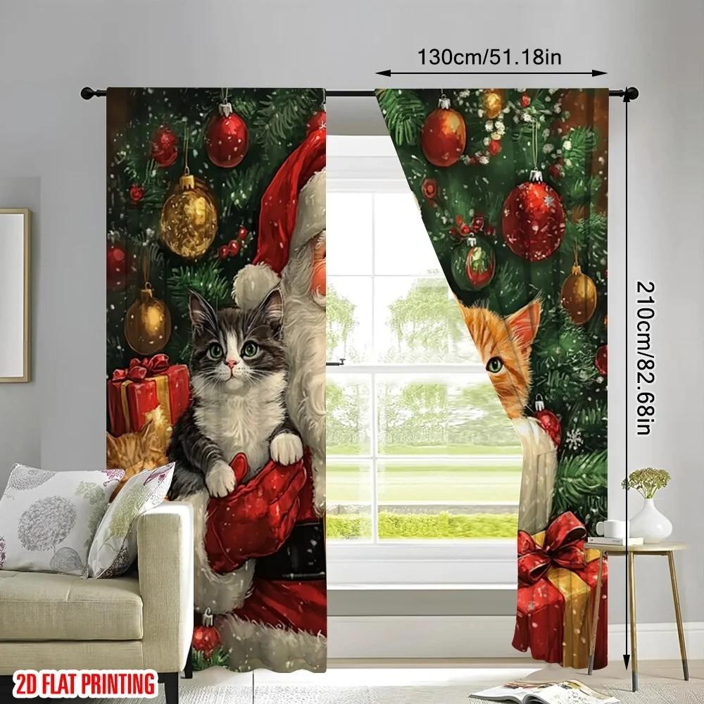 2pcs Vivid Cat Pattern Curtains   Design Blackout Drapes   Polyester Christmas Window Decor   Home Decor   Rod Pocket Curtains