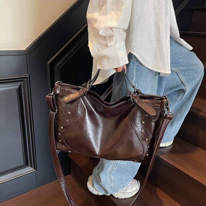 Women's Fashion Y2K Hot Girl Motorcycle Bag Vintage Solid Color Large Capacity Rivet Decor Shoulder Crossbody Bag CLE