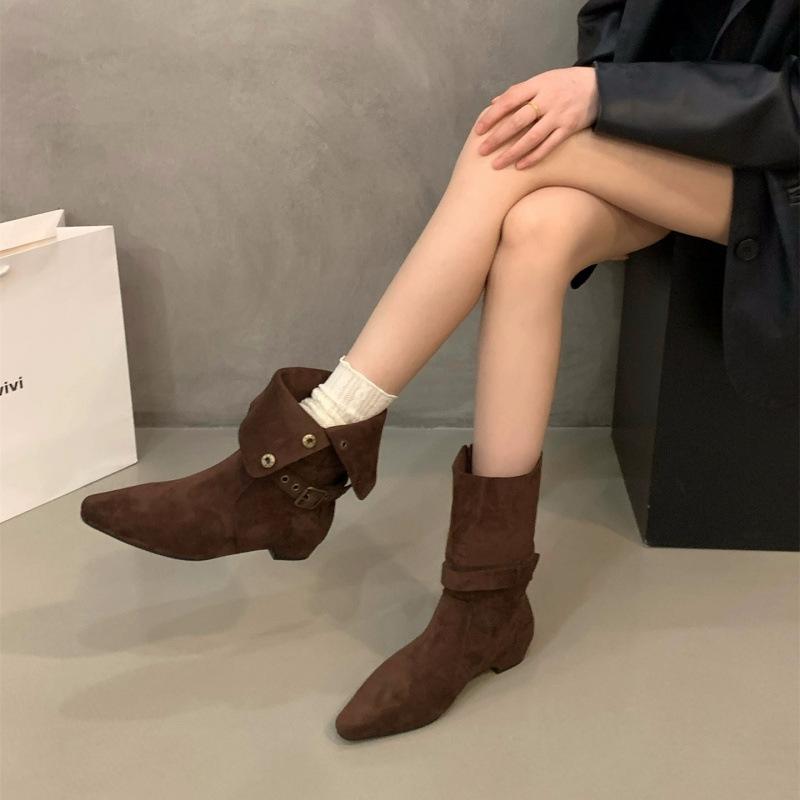 Coarse Heel Vintage Suede Western Cowboy Khaki Boots Women's Boots 2025 Spring and Autumn Single Boots Square Martin Boots
