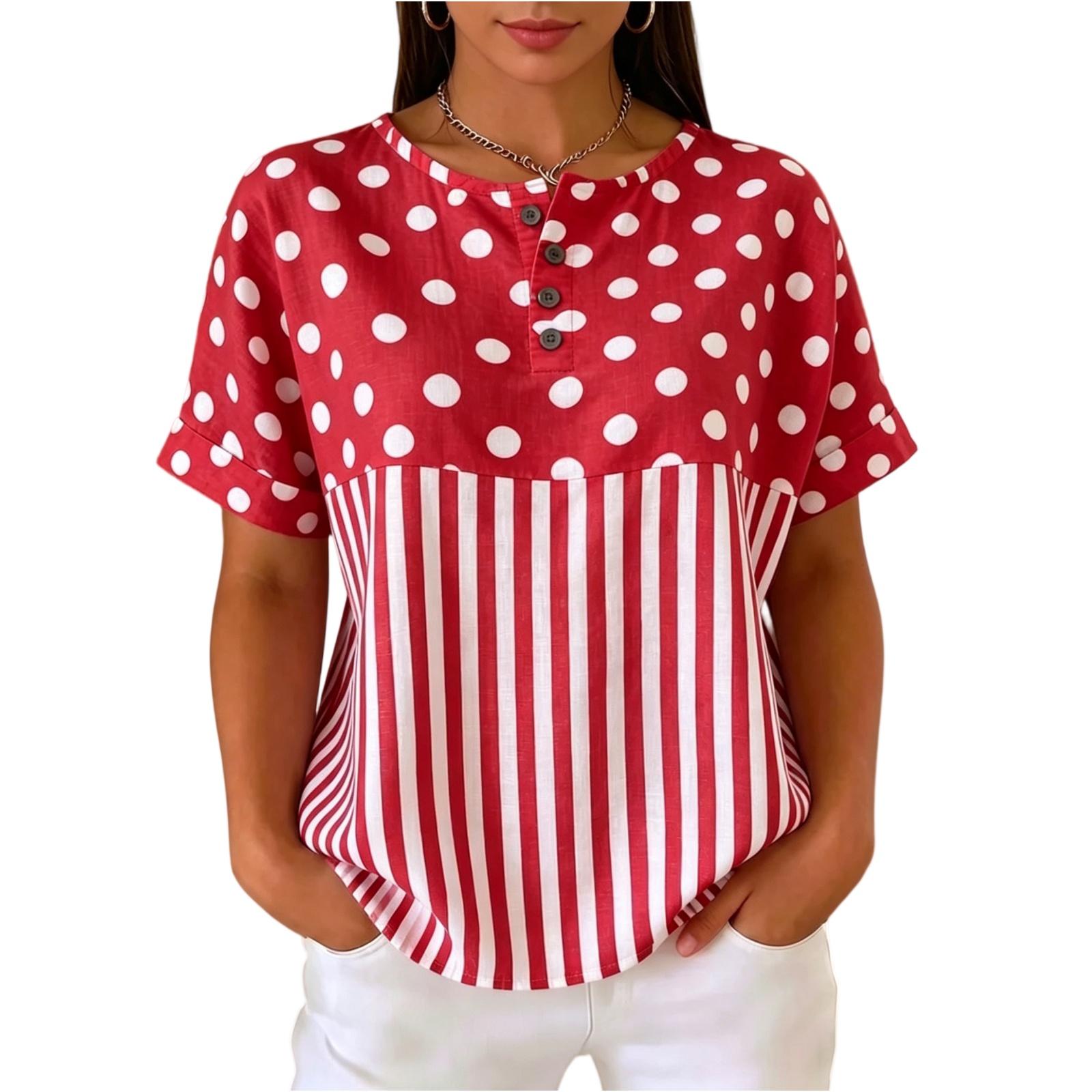

Women s Casual Short Sleeve T-Shirt Round Neck Button Detail Polka Dot and Stripe Print Lightweight Top for Everyday Wear M