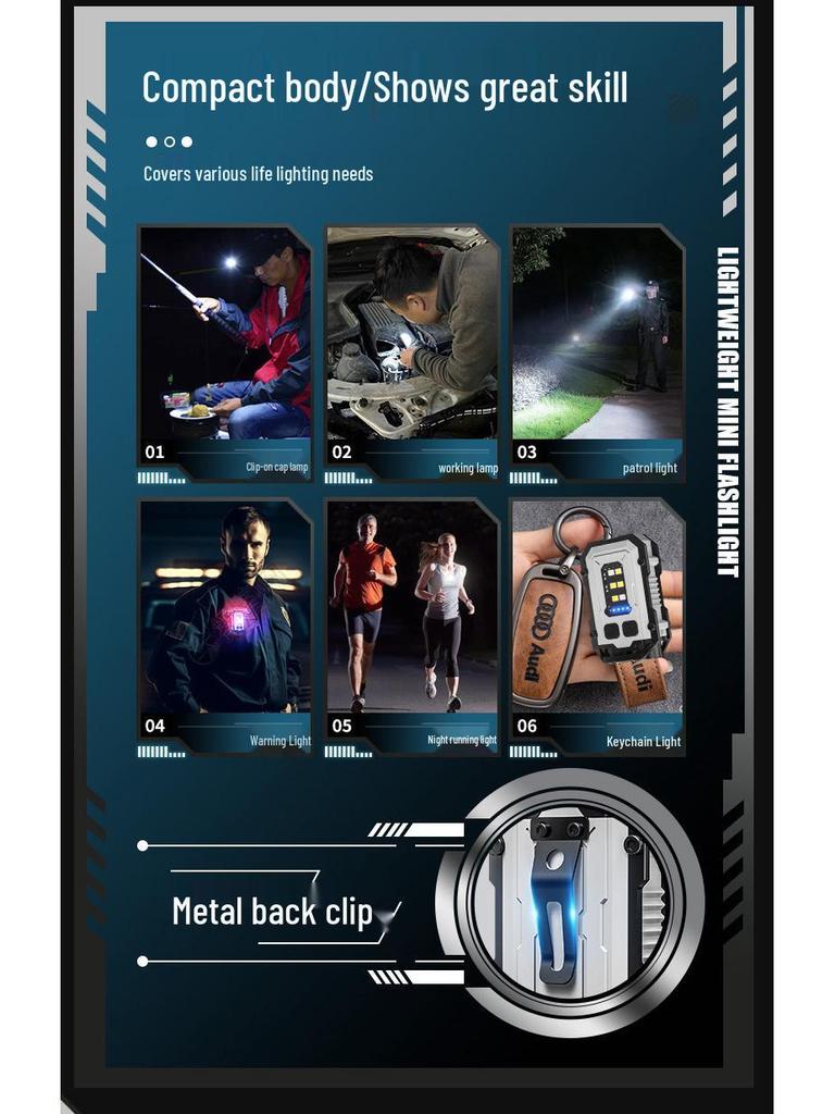 Multifunctional Dual LED Keychain Flashlight with Magnetic COB Side Light and High Brightness Warning Light