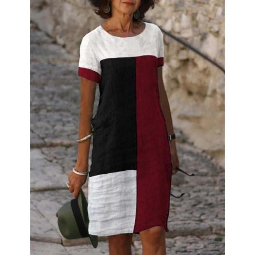 Sommer Lose Patchwork Farbe Gerade Kleid frauen Plus Größe O Hals Kurzarm Midi Kleider