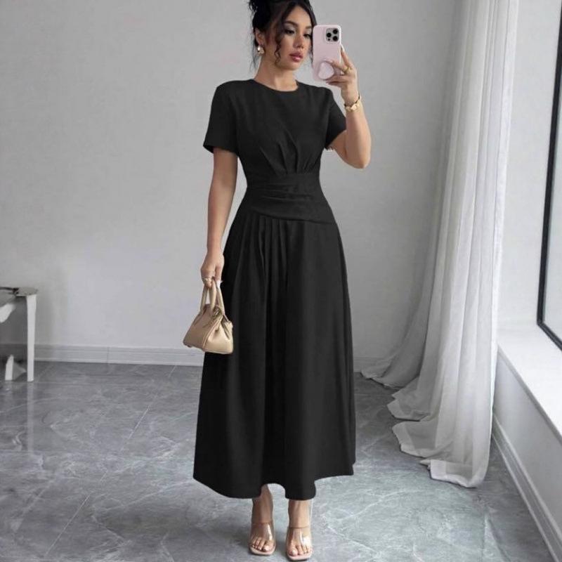2025 Summer European & American Women's Pleated Casual Sexy Waist Dress