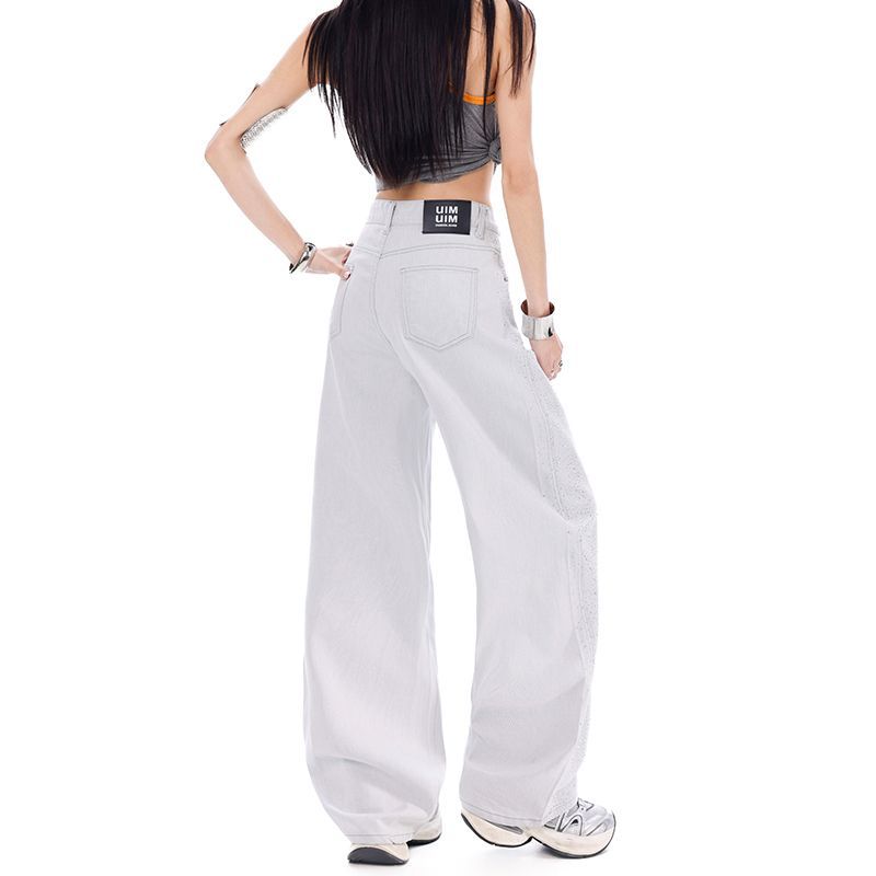 Early Spring Full Star Rhinestone Raised Side Seam Relaxed Floor Wide Leg Denim Pants For Women Casual Pants Oversize Denim Trousers