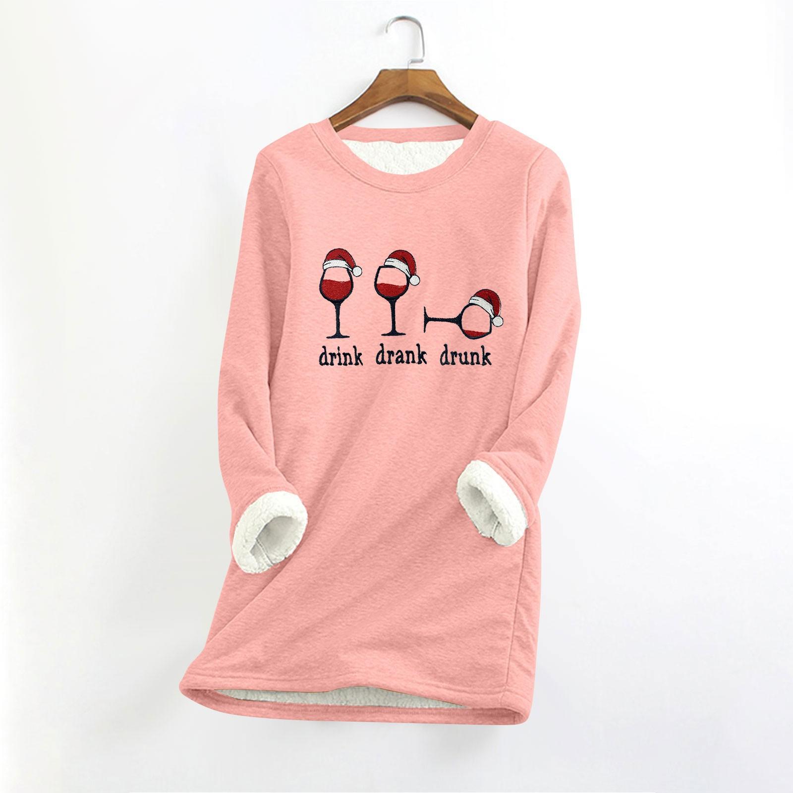 

Женский круглый вырез с длинным рукавом и рождественским принтом, утолщенный плюшевый кашемировый теплый длинный топ L розовый