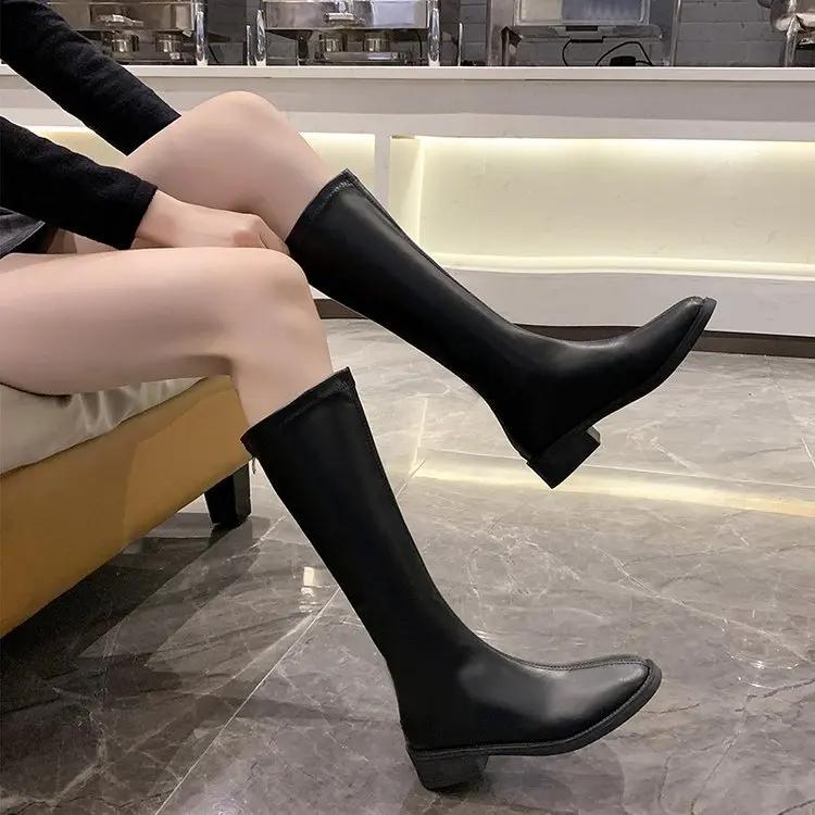 Large Size Long Leg Women's Boots Square Toe High Leg Flat Bottom Low Heel Zipper Knight Boots Platform Boots  Women Shoes