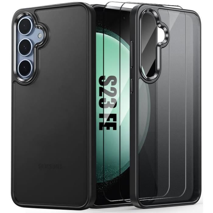 Coque Hybride - BOOLING - pour Samsung Galaxy S23 FE - Antichoc - Noir Translucide - avec 2 Verres Trempés