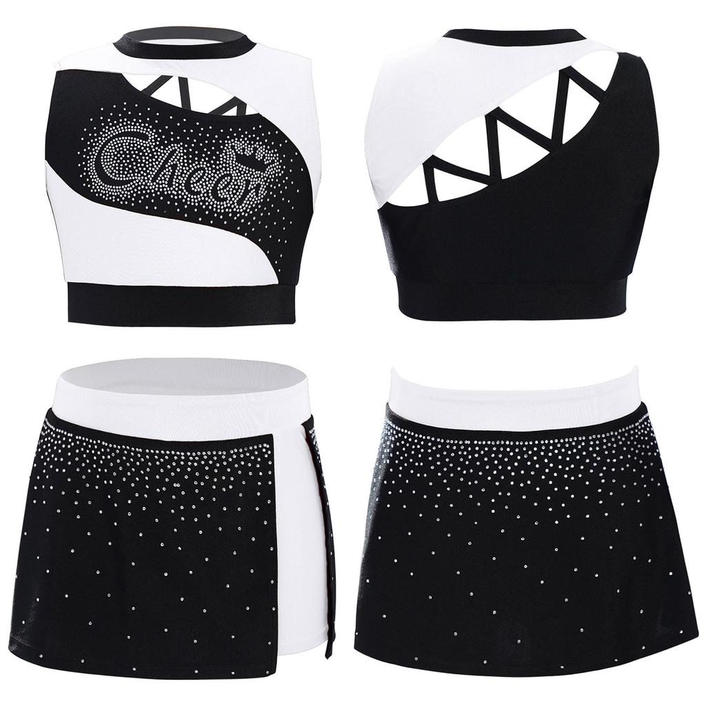 Kids Girls Cheerleading Dance Outfit Set Sleeveless Rhinestone Crop Top & High Slit Skirt for Cheer Competition, Stage Performance, Party Costume