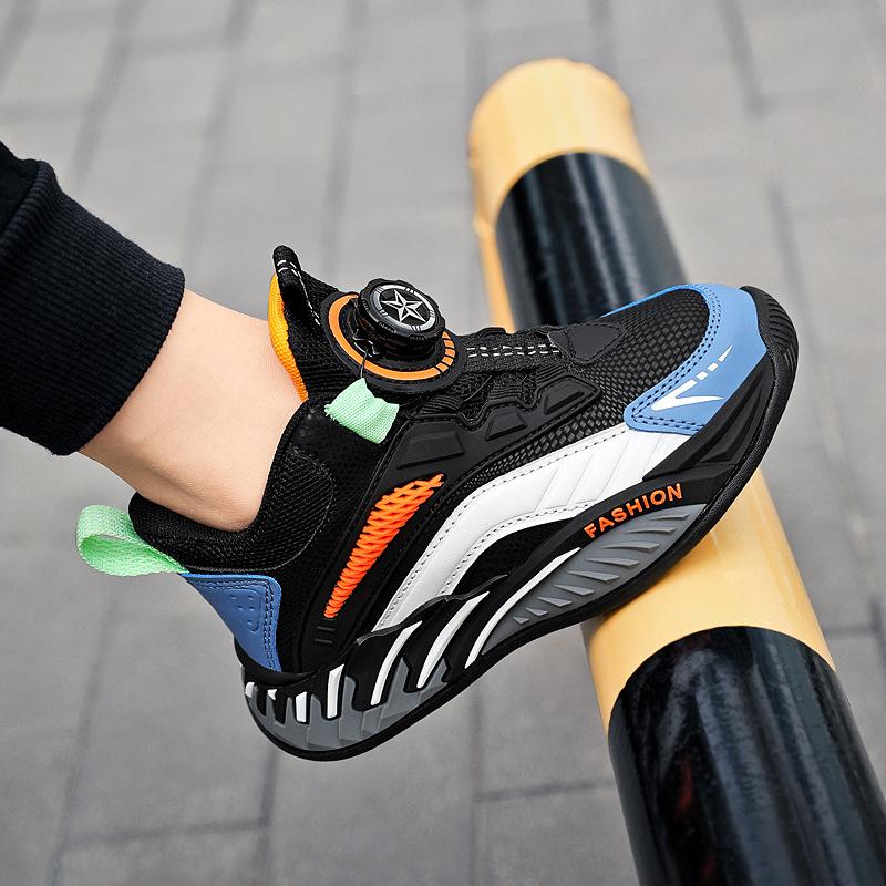Boys' Shoes Autumn and Winter New Middle-aged and Older Children's Leather Waterproof Casual Sports Shoes Children's Rotating Buckle Running Shoes