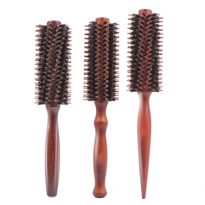Boar Bristle Wood Roller Comb for Straight & Curly Hair Styling
