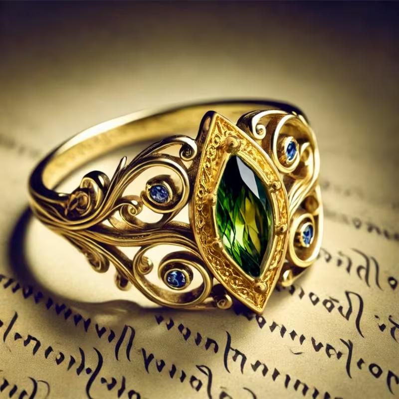 Retro Light Luxury Style Hollow Carving Retro Pattern Inlaid Marquise Green Zirconia Ring