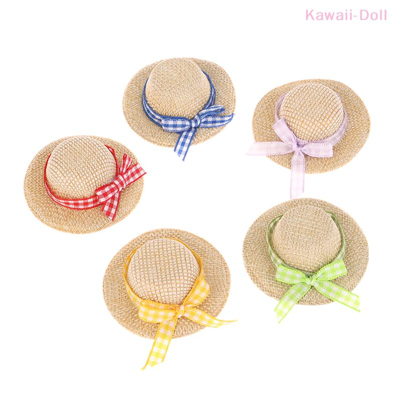 2Pcs Mini Miniature Straw Hat With Bow Doll Ornament Straw Hat Doll House Hand Weaved Dollhouse Accessories