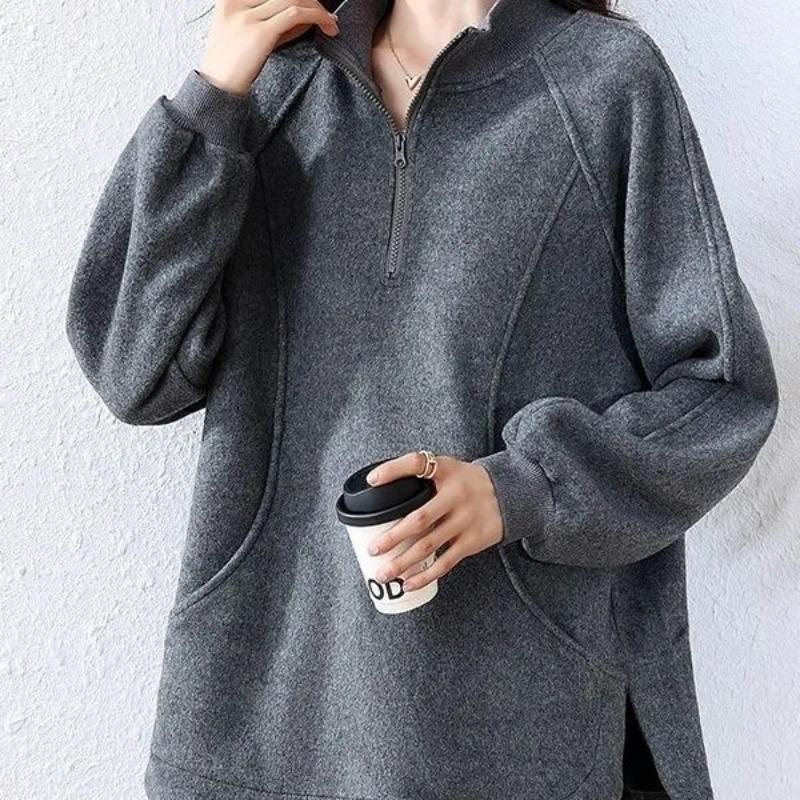 Women's Gray Half-Zip Stand Collar Oversized Sweatshirt Side Slit Pocket Loose Long Sleeve Casual Pullover Top