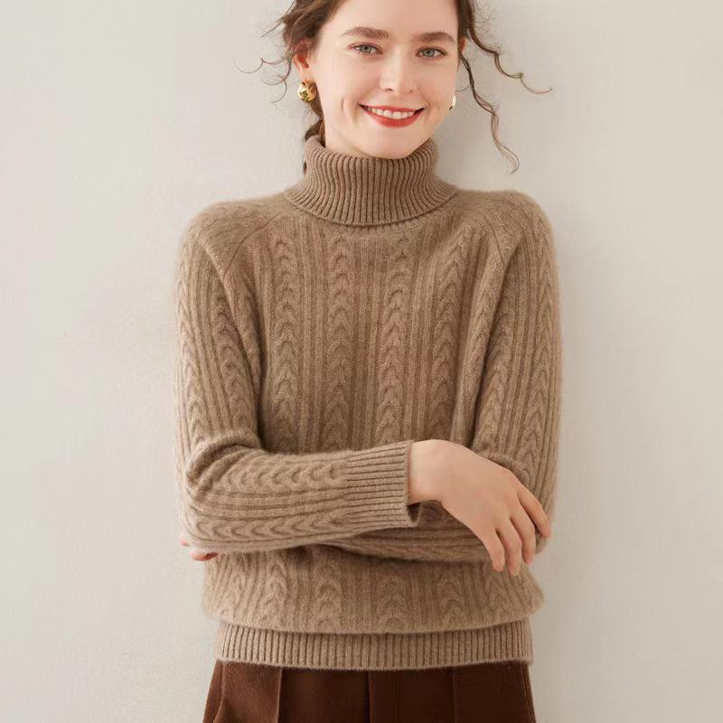 Women's High Neck Wool Cable Knit Sweater - Thick, Solid Color Base Layer, Warm Cashmere Knitwear for Autumn and Winter.