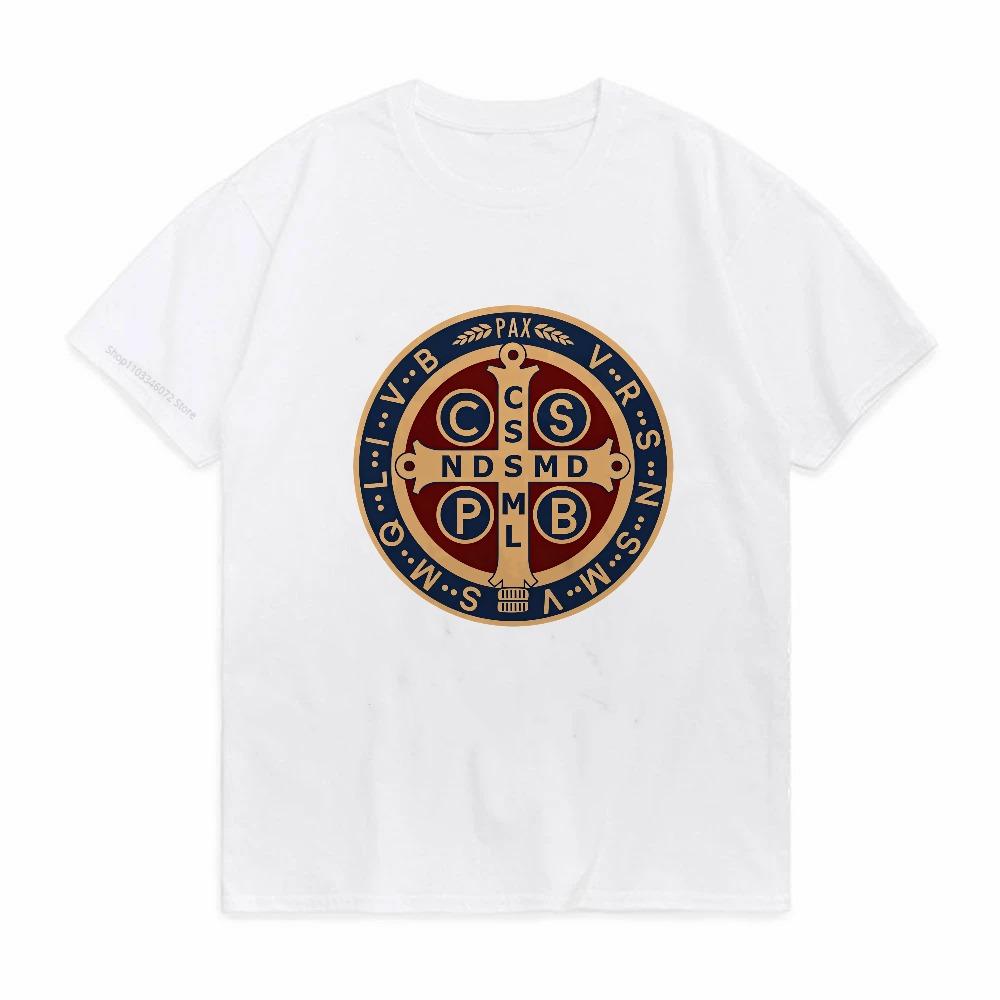 The Saint Benedict Medal Catholic TShirt Fashion Casual Printing Graphic Tshirt Summer Breathable Round Neck Street Short Tees