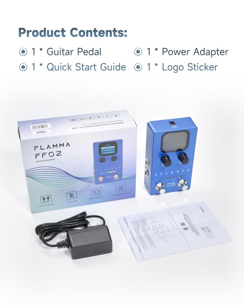 FLAMMA FF02 Drum Machine Guitar Pedal 121 Drum 11 Music Tap Customizable Stereo for Live Studio - Grooves, Genres, Tempo, Rhythms, I/O &