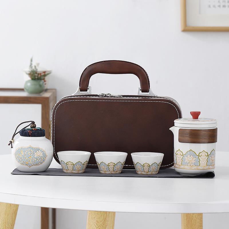 Ceramic Travel Tea Set with Tray - Portable Cup for Outdoor Anniversaries & Custom Souvenirs