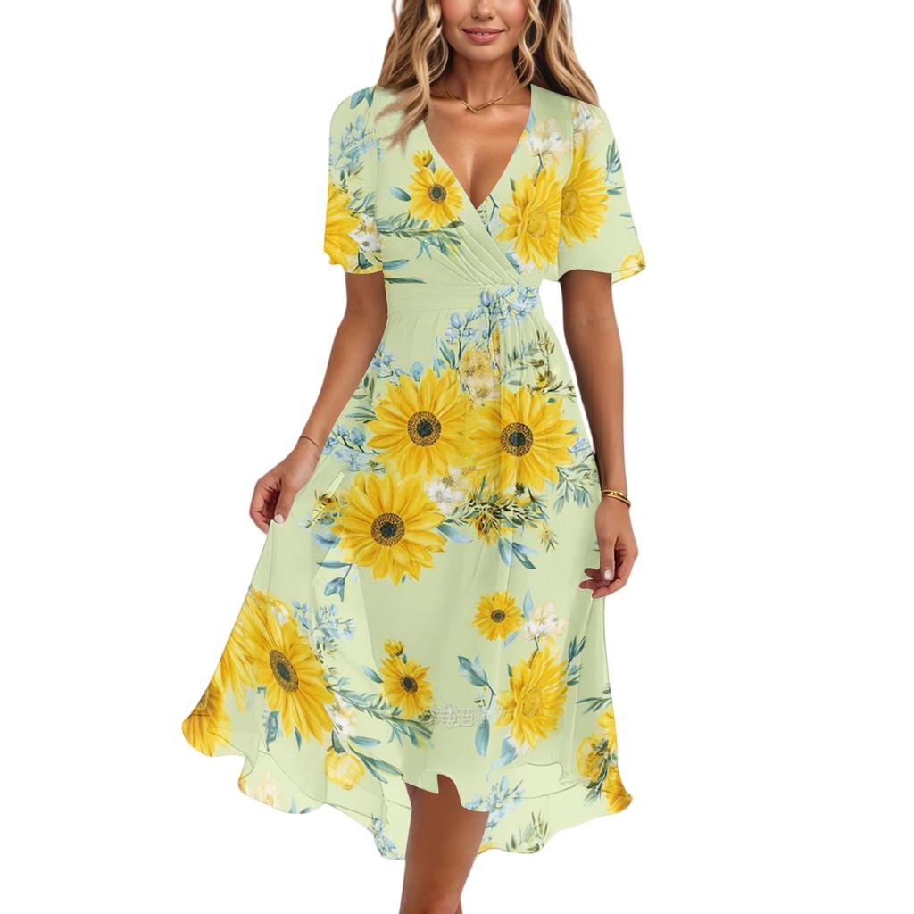 Women’s Short Sleeve V Neck Midi Dress with Sunflower Floral Print Casual Loose Fit Lightweight Summer Dress