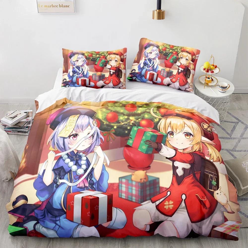 Gaming Genshin Impact Klee Qiqi Diona Hutao Cosplay Comfortable Duvet Quilt Cover Pillowcase Bedding Set Decoration Home Textile
