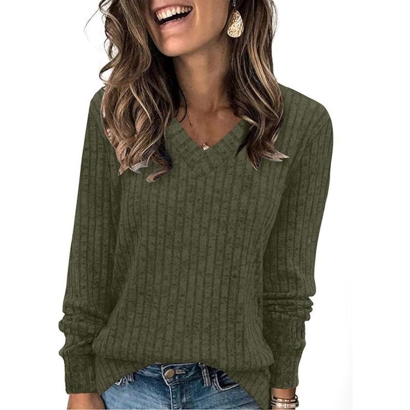 Women Long Sleeve V Neck Ribbed Casual Loose Fit T Shirt