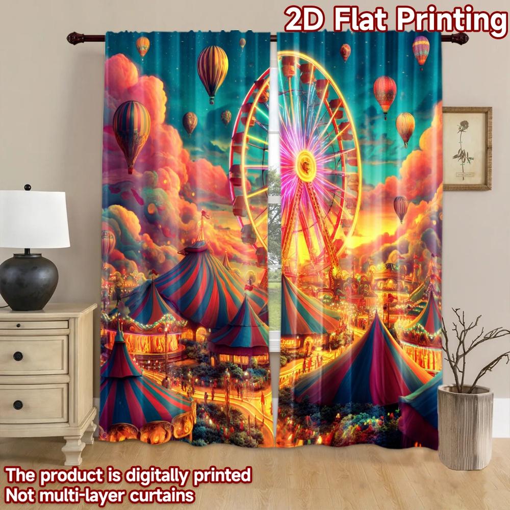 2D flat printing 2pcs Party Curtain Carnival Festival Ferris Wheel Hot Air Balloons Digital Printed Polyester Drapes Festive