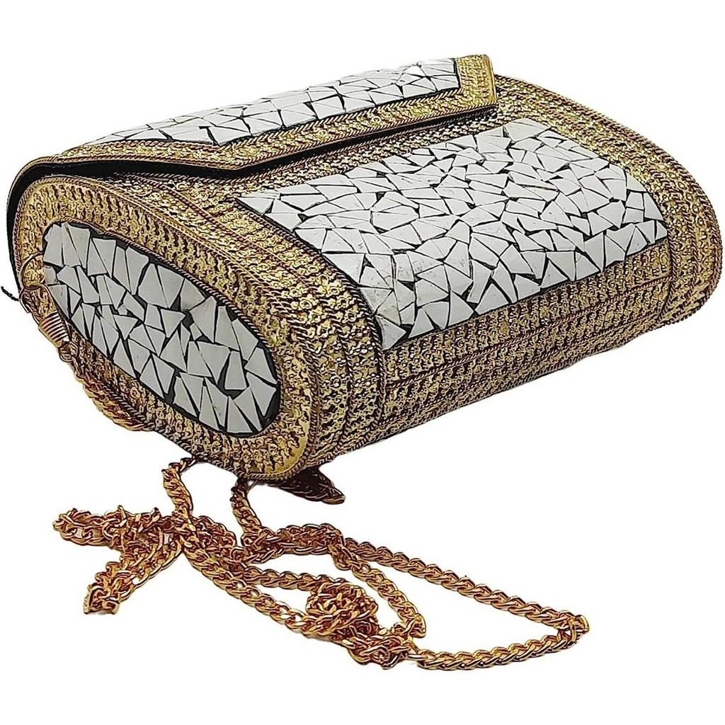 White Women Clutch Antique Indian Handmade Square Mosaic Metal Bag Women/Girls Bridal Metal Clutch