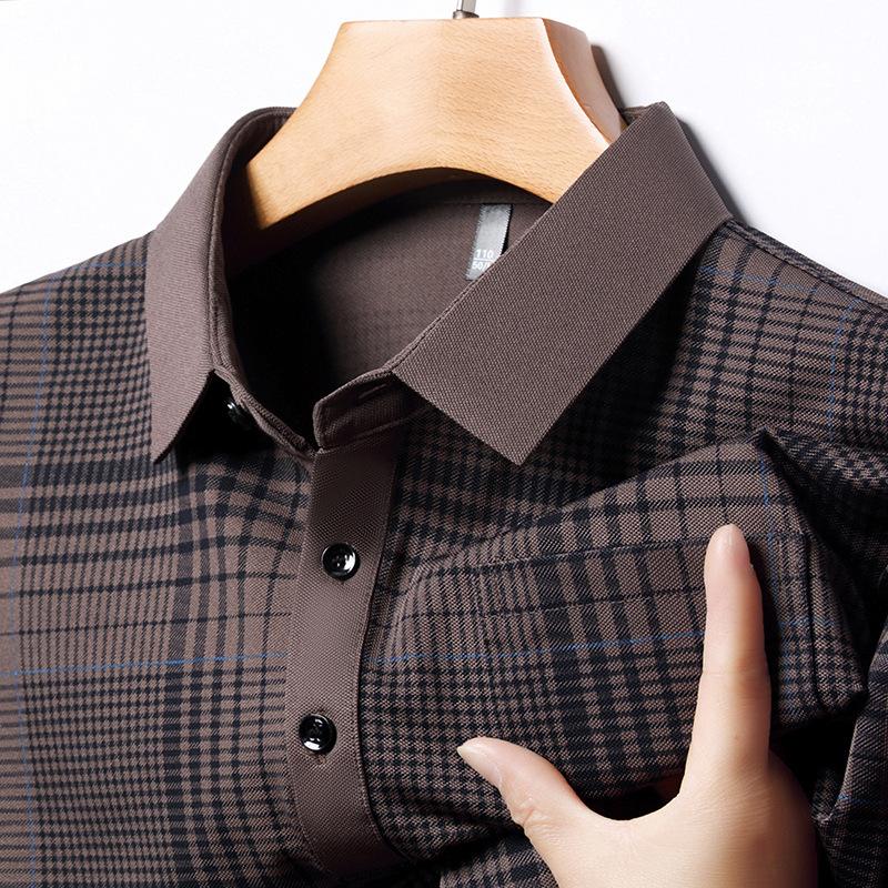 

Летняя тонкая мужская футболка с короткими рукавами в деловом стиле, повседневная универсальная мужская футболка в клетку с лацканами и принтом 4XL