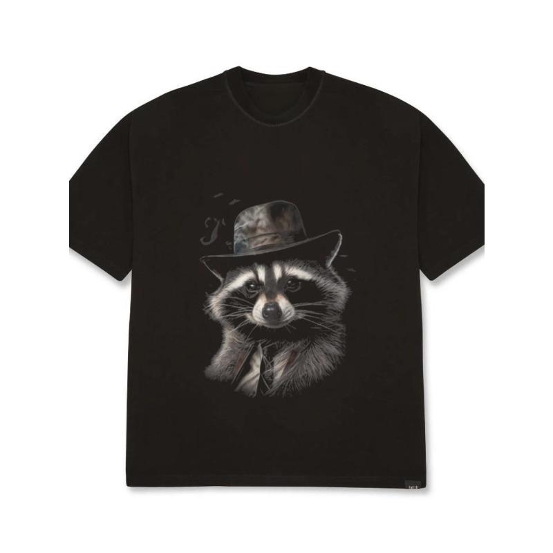 Oversized T Shirt Black Raccoon Wearing Hat And Suit Print Casual Streetwear For Men