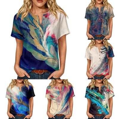 Women's Short Sleeve Linen Cotton Blend Shirt Henley Button Neck Chest Pocket Fashion Abstract Print Casual Top