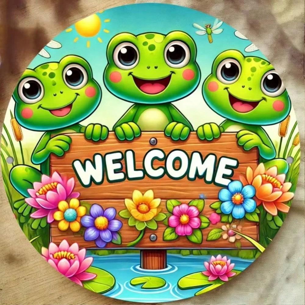 Metal Frog Welcome Sign 16 Inch Rustic Garden Wall Art Handmade Vintage Outdoor Decor