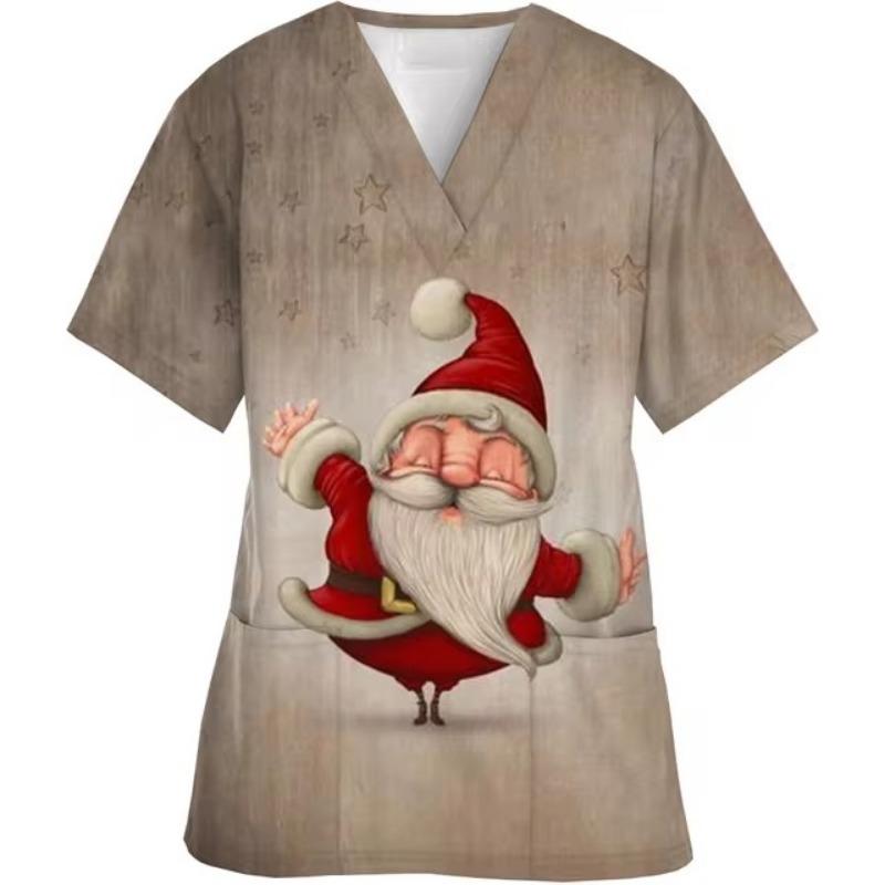 Damen Krankenschwester T-Shirt Arbeiter Weihnachten Druck Kurzarm Tasche V-Ausschnitt Gepflegte T-Shirts Kasack Uniform Arbeitskleidung Betreuer Arbeits-Tops