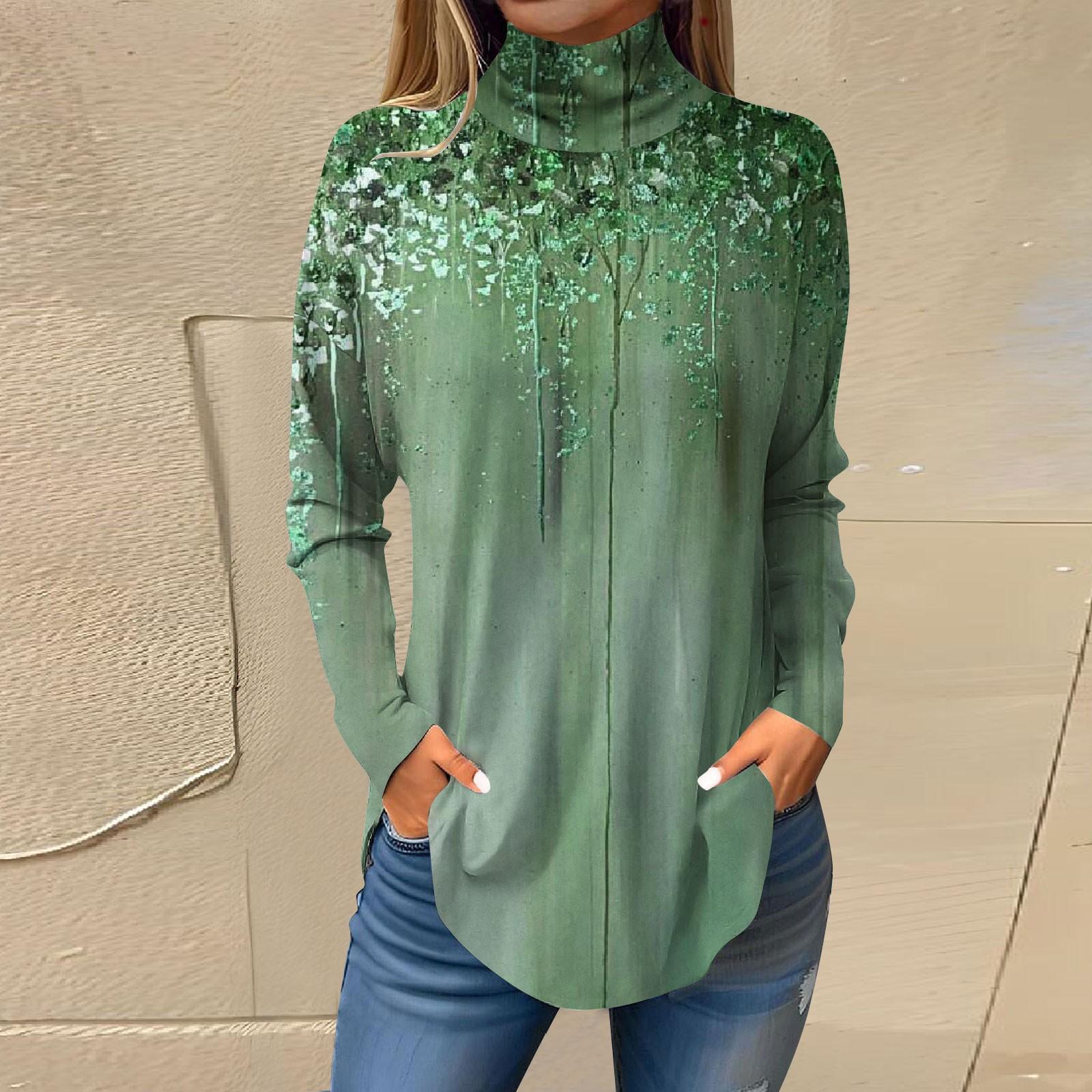 

Футболки для женщин, осенние повседневные рубашки с длинными рукавами, толстовка с винтажным принтом, топ с высоким воротом, пуловер XXXL армия зеленый